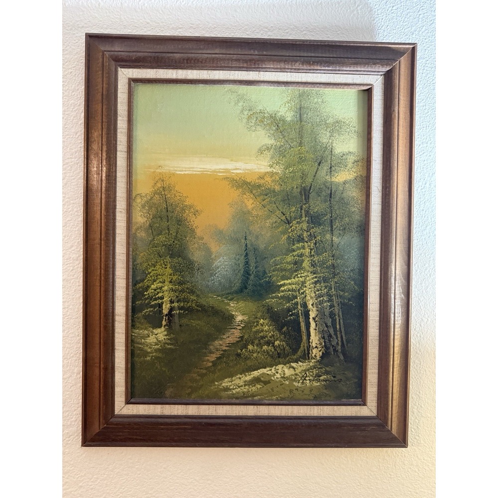 Vintage Signed Original Oil Painting Forest Landscape MCM Framed 12x16 Green